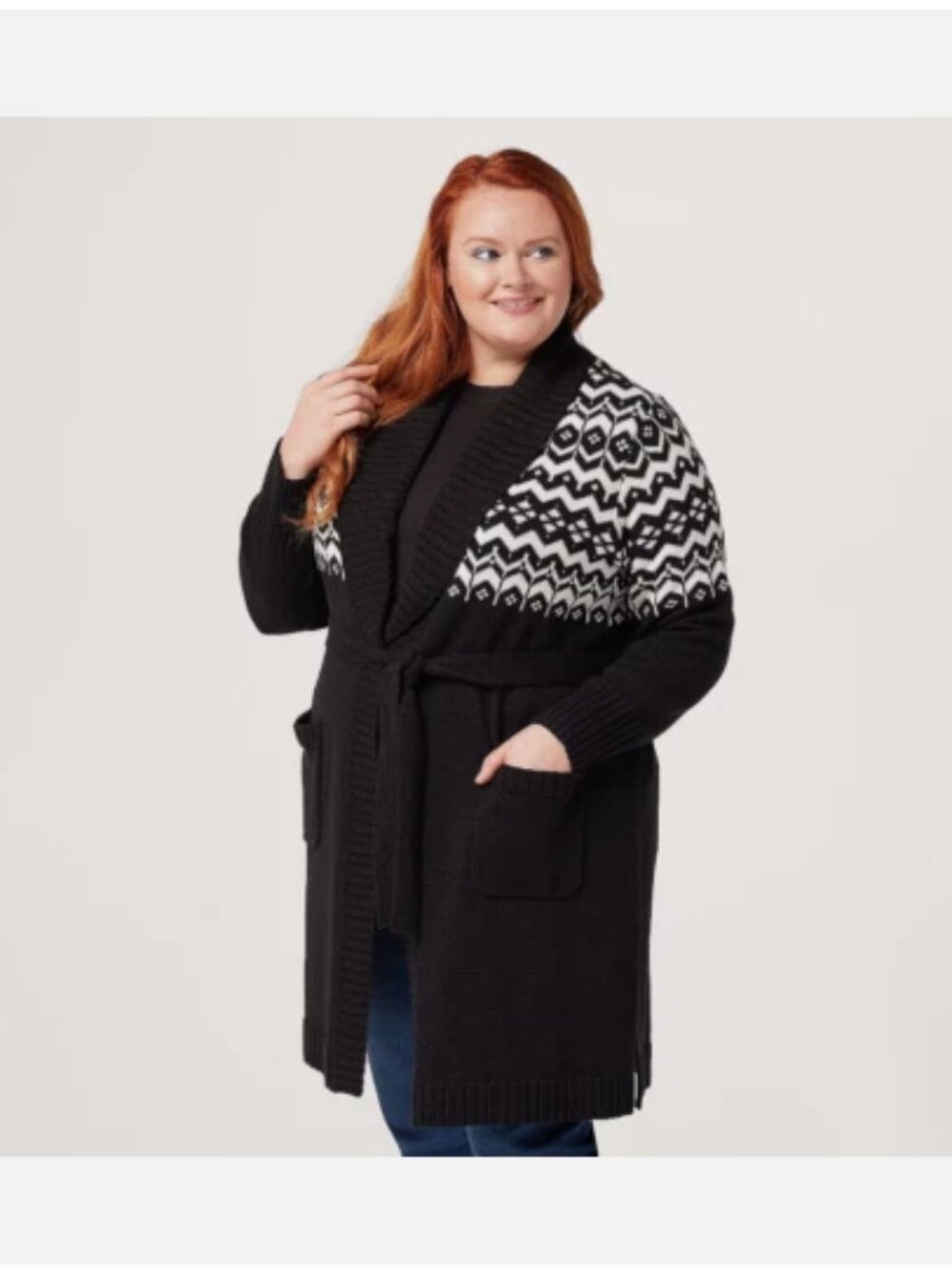Isaac Mizrahi Shawl Collar Fair Isle Cardigan w/Belt-Black-Small-NEW-A390249